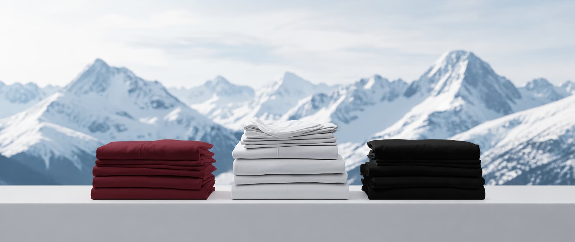 Freshly folded maroon, white, and black linens ready for delivery